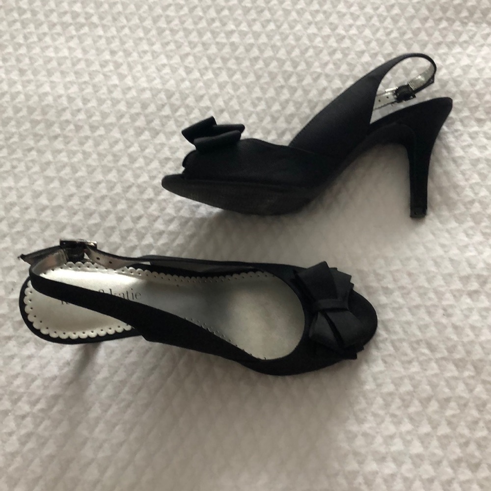 Matte black fabric sling back with bow detail